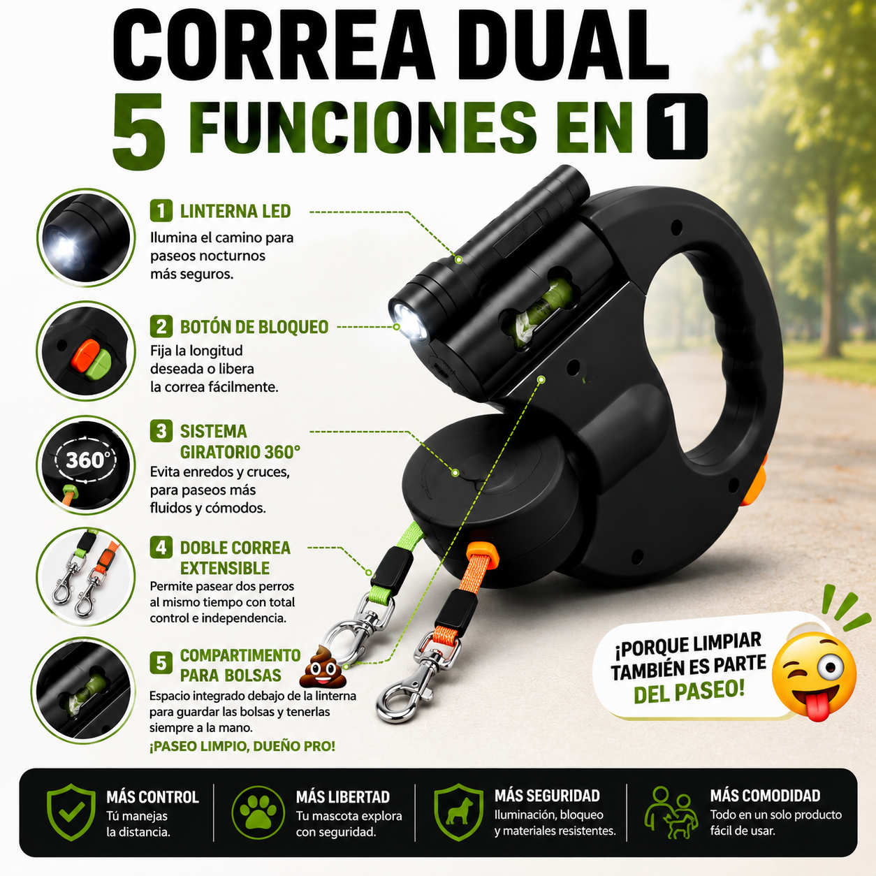 ¡Nueva! Correa Dual Retráctil 5 en 1 - 🐕 Ellos aman explorar,tú amas verlos libres y seguros.